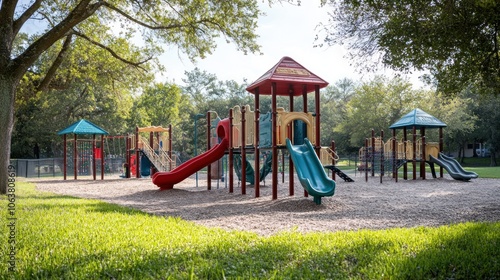 A vibrant playground with slides and climbing structures, surrounded by lush trees and grassy areas.