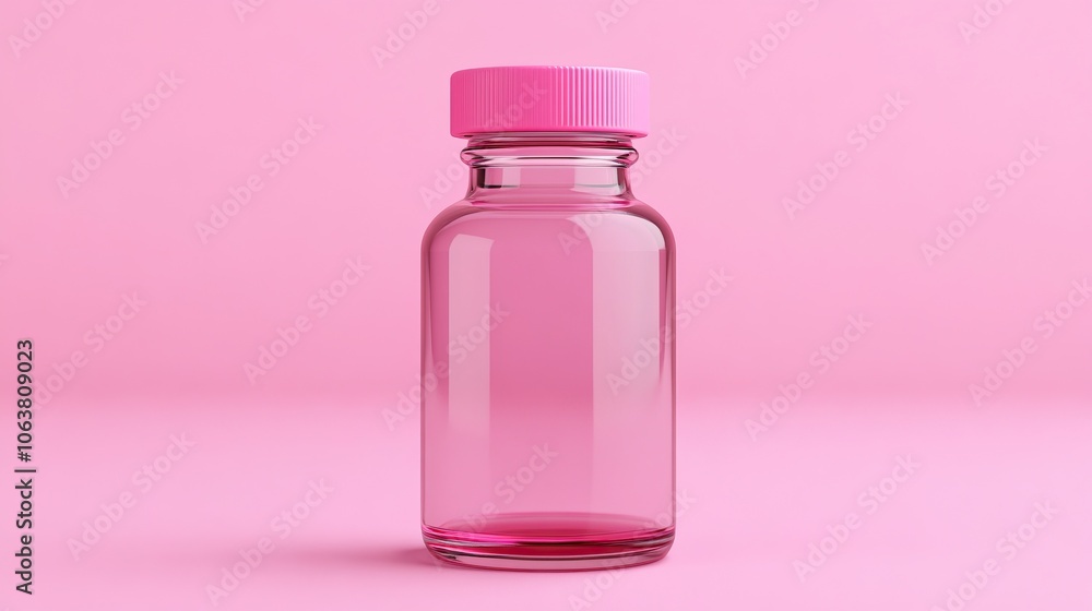 A clear, empty glass bottle with a pink cap against a soft pink background. A clear, empty glass bottle with a pink cap against a soft pink background.