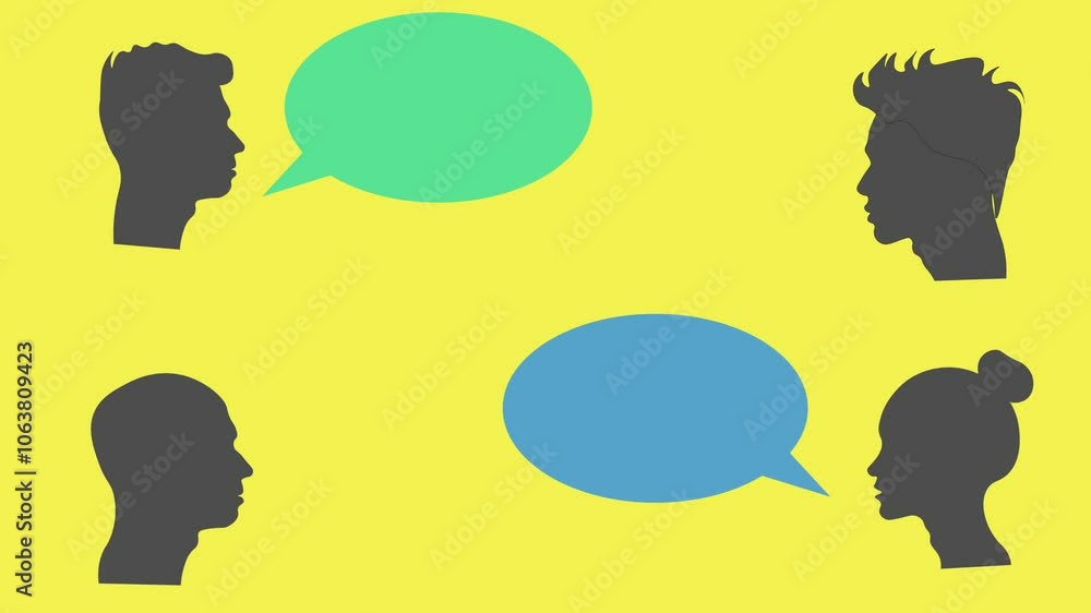 Group Of People Talking and Communicating with Speech Bubble. Talk Bubble and 4 Person Conversation.