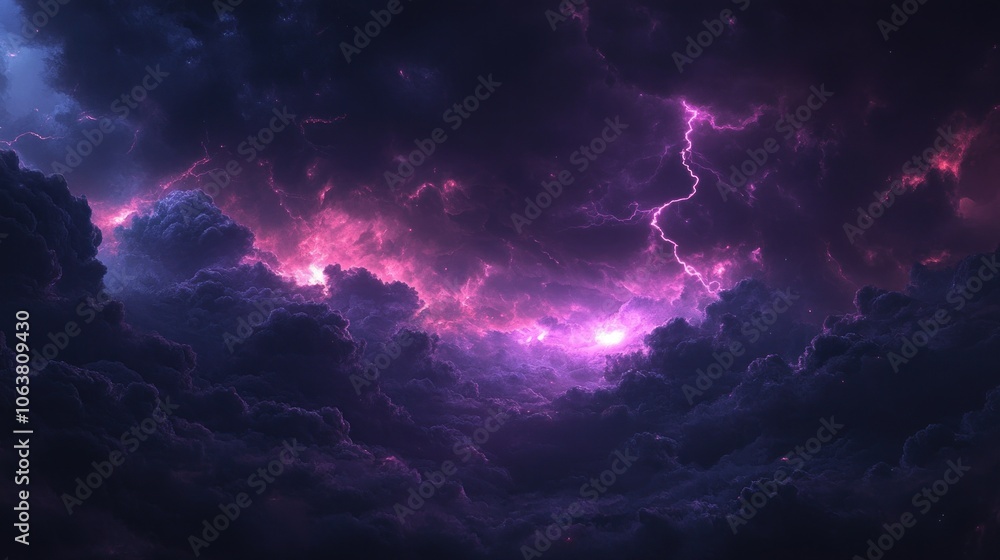 Dramatic pink lightning bolts illuminate the dark storm clouds above. Dramatic pink lightning bolts illuminate the dark storm clouds above.