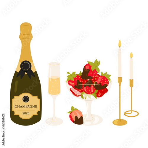 Festive romantic dinner. Valentine's Day. Bottle sparkling wine, glass champagne, ripe chocolate covered strawberries, candles in stylish holder. Flat illustration on white background.