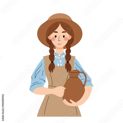Milkmaid. A young girl with a clay jug. A woman working on a farm. A girl in a farm uniform. Flat illustration on white background.