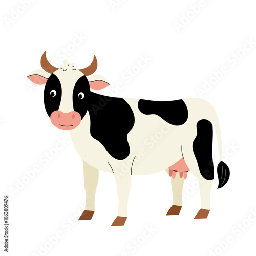 Cow. Farm animal. Flat illustration of dairy spotted cow on white background.