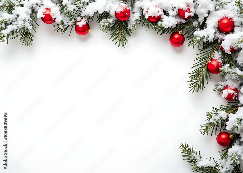 Decorative garland made from red balls and fir tree branches sits atop a snowy white background evoking festive winter and New Year vibes Decorative garland made from red balls and fir tree branches sits atop a snowy white background evoking festive winter and New Year vibes