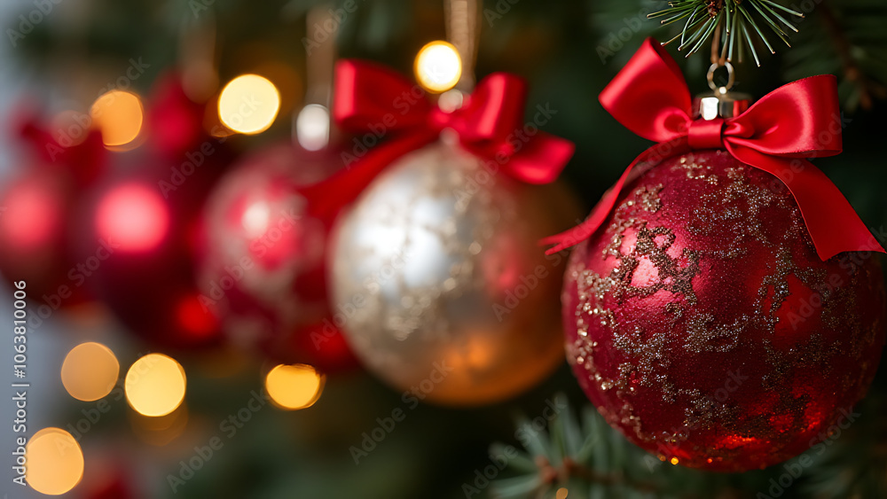 Decorative Christmas ornaments featuring shiny red ribbons are a traditional festive decoration for homes during the holiday season Decorative Christmas ornaments featuring shiny red ribbons are a traditional festive decoration for homes during the holiday season