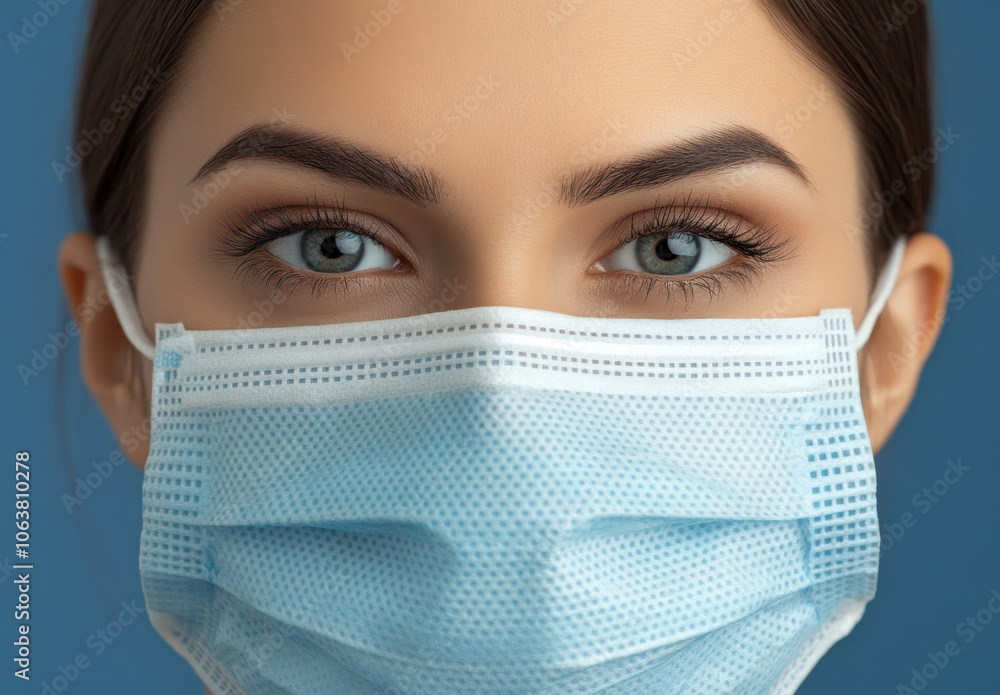 A woman wearing a medical mask. Close-up of a female face wearing a protective mask against the background of the coronavirus A woman wearing a medical mask. Close-up of a female face wearing a protective mask against the background of the coronavirus