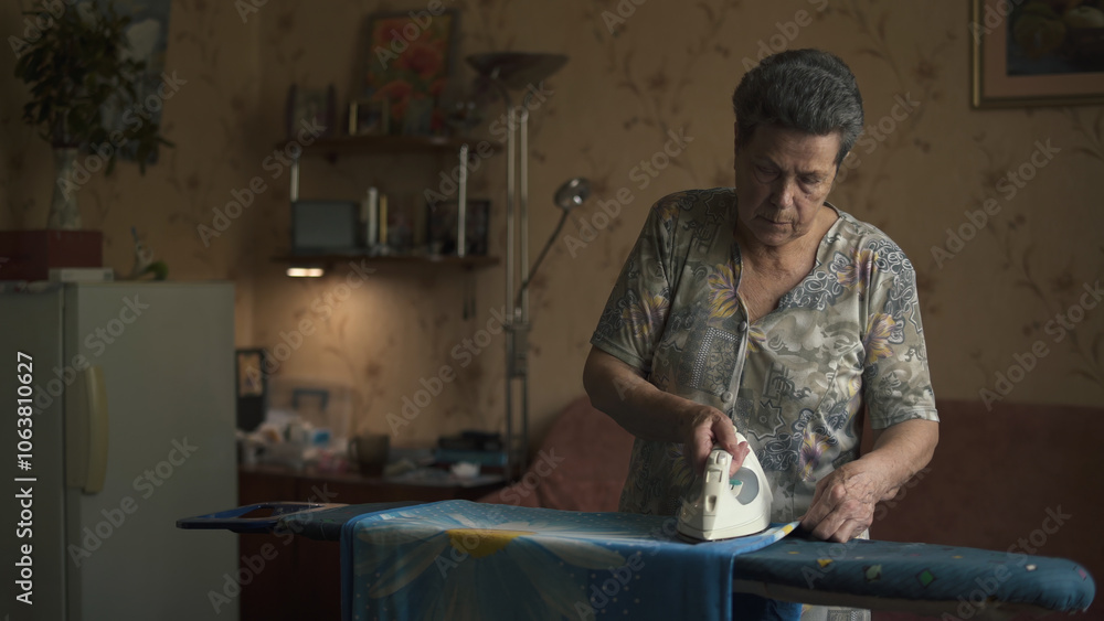 Elderly woman ironing clothes in modest room. Elderly woman ironing clothes in modest room.