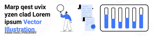 Man holding magnifying glass, examining documents with checklist, next to chart with progress bars. Ideal for project management, data analysis, audits, performance tracking, research, business
