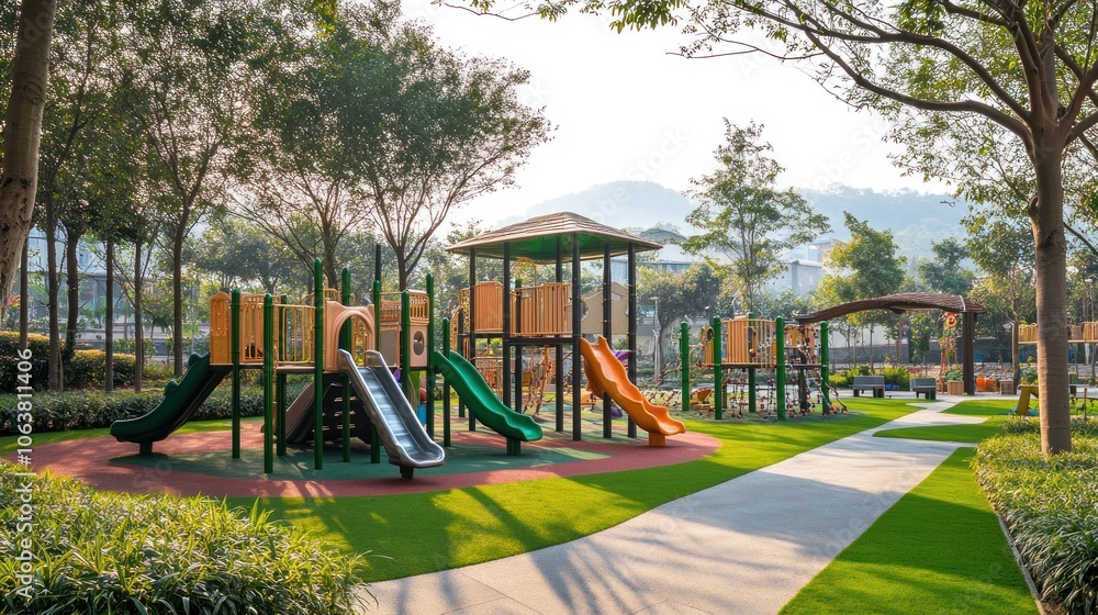 Fototapeta premium Illustration of a children's playground with various play structures surrounded by grass and trees. Ai generated image