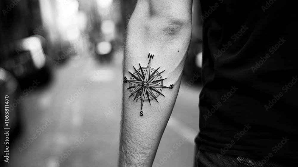 Obraz premium Black-and-white compass tattoo on the forearm, symbolizing direction and adventure, featuring intricate line work for a bold statement.