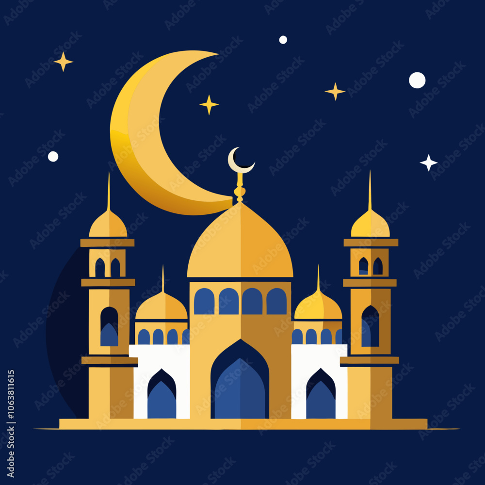 Nighttime Mosque with Crescent Moon Nighttime Mosque with Crescent Moon