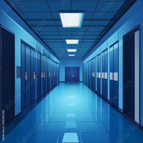 futuristic school hallway interior at night highlighted by white, simple style, png