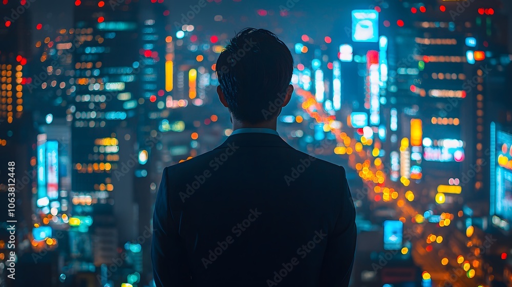 Cityscape Night View with Businessman Silhouette Cityscape Night View with Businessman Silhouette