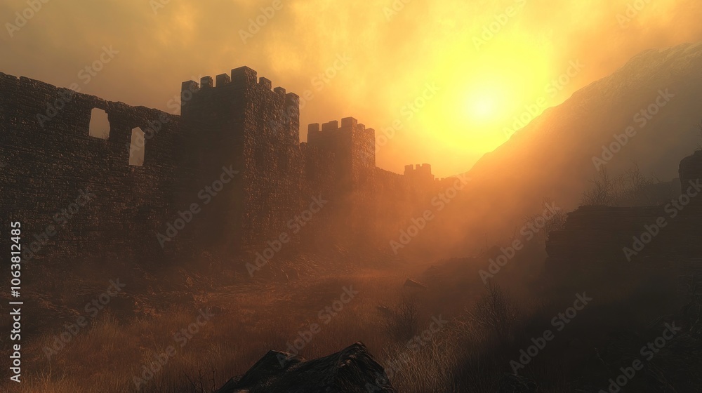 Fototapeta premium A crumbling stone castle wall stands silhouetted against a fiery orange sunset, with mist swirling around it, creating a sense of mystery and history.