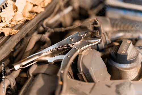 Detailed Close-Up of Adjustable Pliers Resting on Engine Components with Automotive Background