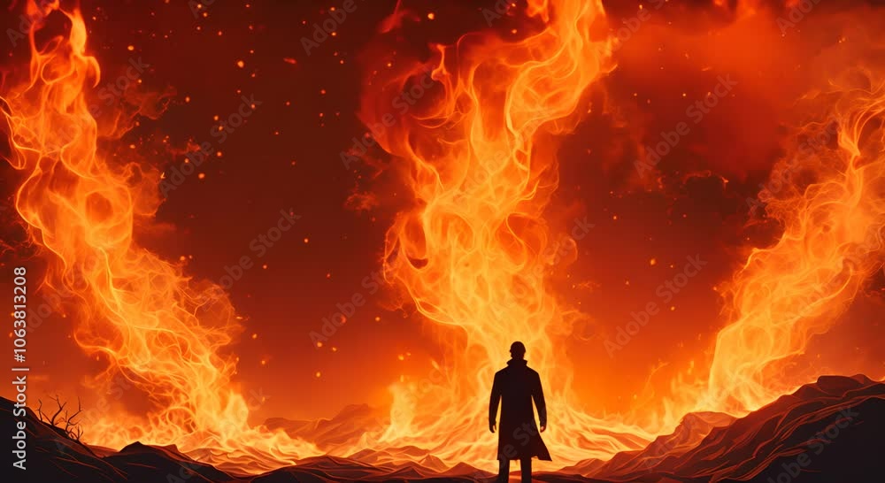 A single person stands silhouetted against a vast fiery blaze as flames engulf the landscape A lone figure silhouetted against the raging fire helpless to intervene 4K A single person stands silhouetted against a vast fiery blaze as flames engulf the landscape A lone figure silhouetted against the raging fire helpless to intervene 4K