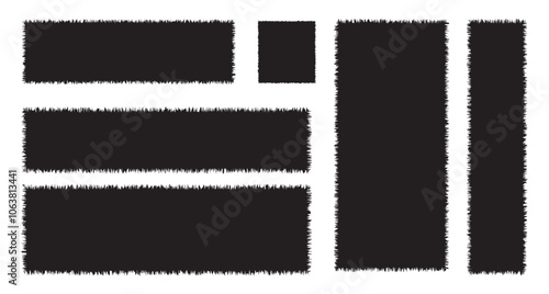 Set of black grunge circle frames with jagged edges. Geometric rectangular form of old torn paper pieces or shred black sheets. Ripped edge texture . isolated on white background. EPS 10