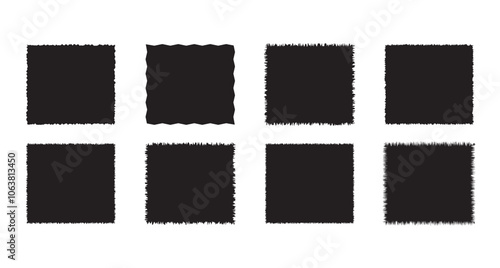 Set of black grunge circle frames with jagged edges. Geometric rectangular form of old torn paper pieces or shred black sheets. Ripped edge texture . isolated on white background. EPS 10```