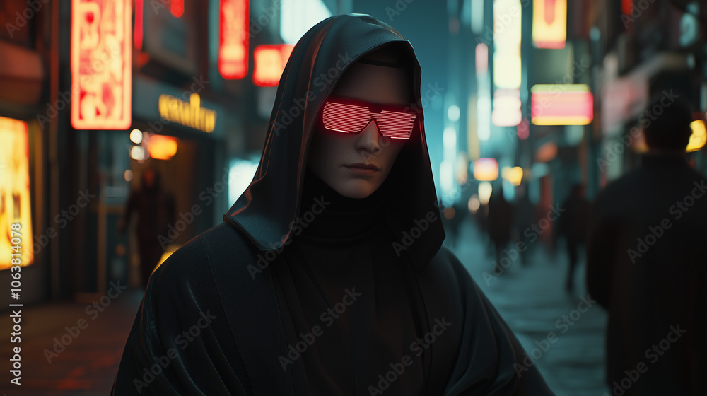 Mysterious person in a hooded cloak wearing neon light glasses, in a futuristic urban street setting Mysterious person in a hooded cloak wearing neon light glasses, in a futuristic urban street setting