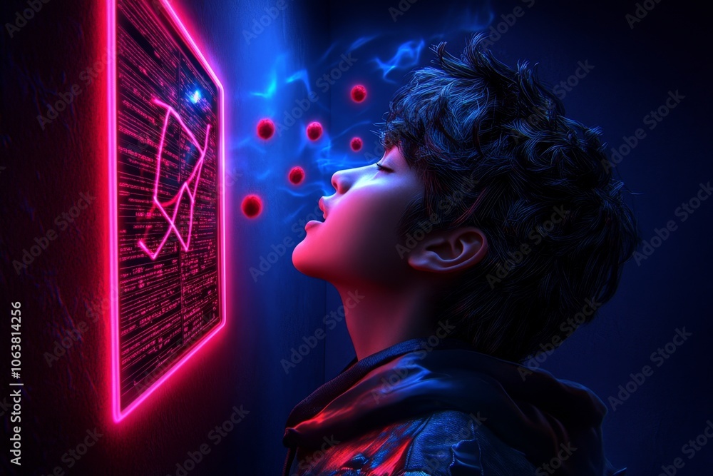 3D digital illustration of a person speaking into a virtual confessional screen, with floating data representing emotions as they confess 3D digital illustration of a person speaking into a virtual confessional screen, with floating data representing emotions as they confess
