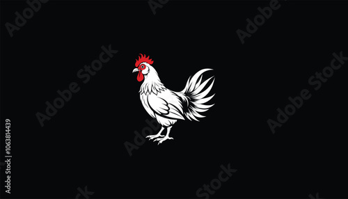 Sultan Chicken Image, Circle Design, Black Background, White Outline, Unique Poultry Illustration