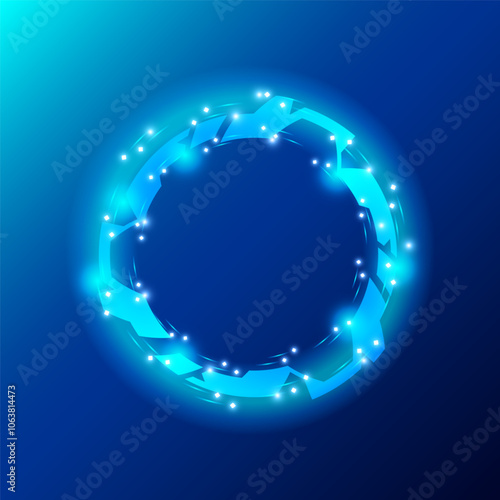 A glowing circular futuristic design on a blue background. The circle features interconnected angular shapes with small bright spots, exuding a techy, sci-fi aesthetic. Vector illustration