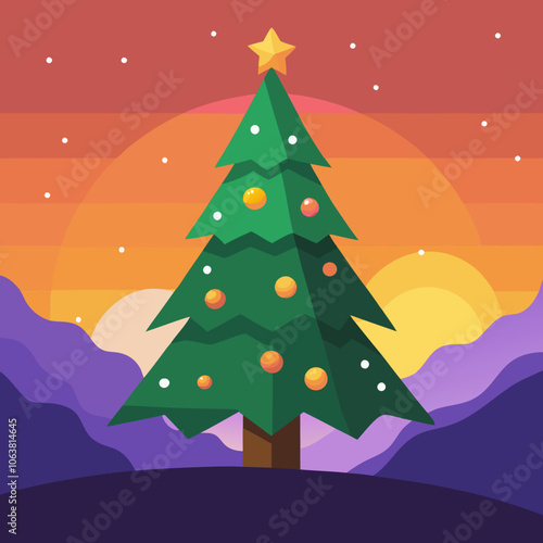 The illuminated Christmas tree in a landscape at sunset