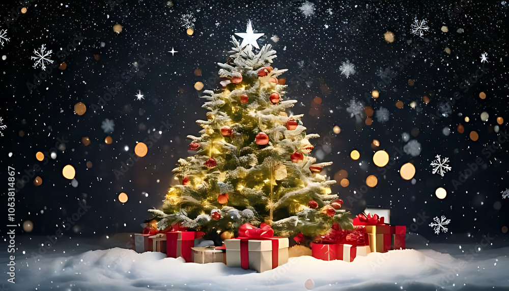 Obraz premium snowflakes fall gently around decorated tree amidst festive lights garlands blank christmas gift