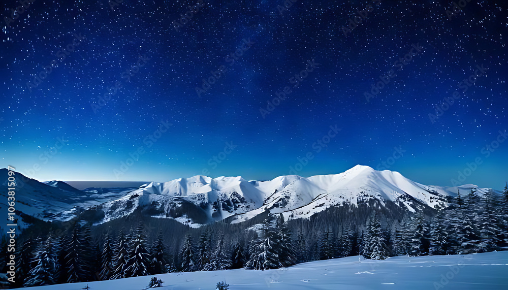 snowy mountains shine bright night stars peaceful winter scene snowy mountains shine bright night stars peaceful winter scene