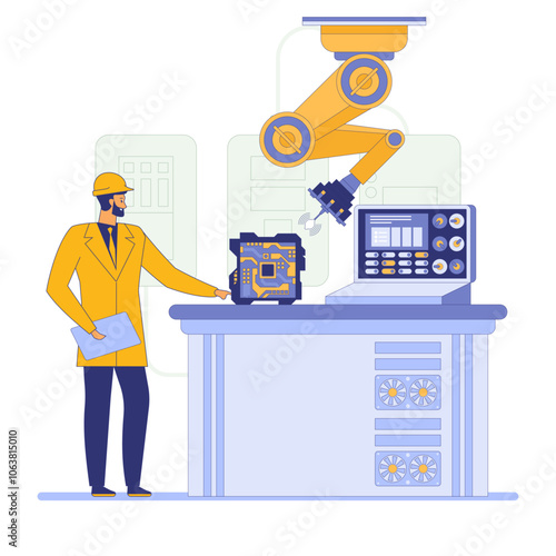 A worker in a yellow hard hat operates a robotic arm in an industrial setting. The robotic arm is handling a circuit board. The background includes machinery and control panels. Vector illustration.