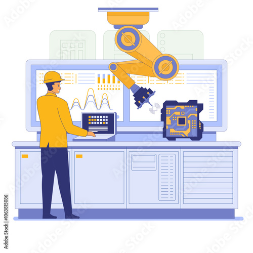 A worker in a yellow hard hat operates a robotic arm in an industrial setting. The robotic arm is handling a circuit board. The background includes machinery and control panels. Vector illustration.