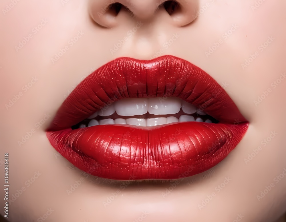 Close-up of a woman's lips adorned with bold red lipstick, showcasing a striking makeup look Close-up of a woman's lips adorned with bold red lipstick, showcasing a striking makeup look