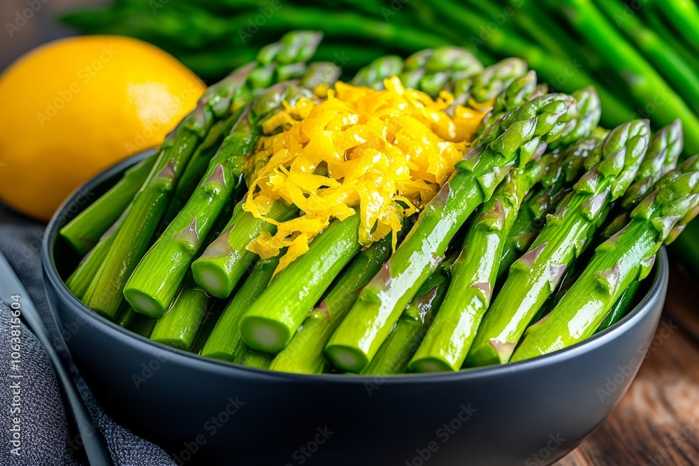 A bowl of asparagus marinating in lemon zest and olive oil, with fresh green stalks soaking up the light, tangy flavors A bowl of asparagus marinating in lemon zest and olive oil, with fresh green stalks soaking up the light, tangy flavors