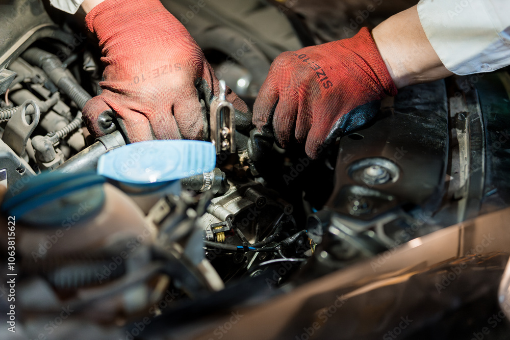 Hands in Red Gloves Working on Car Engine Mechanics Hands in Red Gloves Working on Car Engine Mechanics
