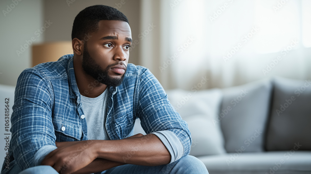 Thoughtful man relaxing at home in casual attire Thoughtful man relaxing at home in casual attire