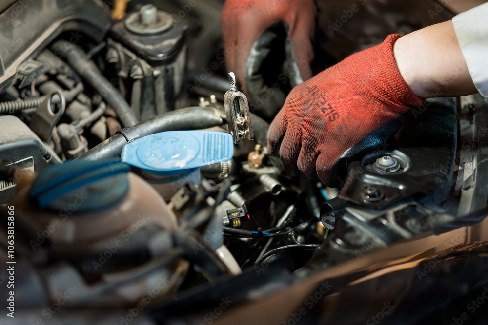Automotive Mechanic Repairing Engine with Gloves and Tools Automotive Mechanic Repairing Engine with Gloves and Tools