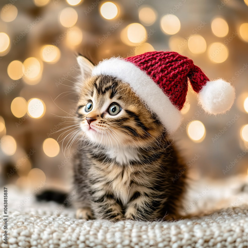 Adorable kitten wearing santa hat: celebrating christmas Adorable kitten wearing santa hat: celebrating christmas