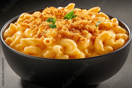 A bowl of rich, creamy mac and cheese with a crispy breadcrumb topping, creating a comforting, nostalgic craving