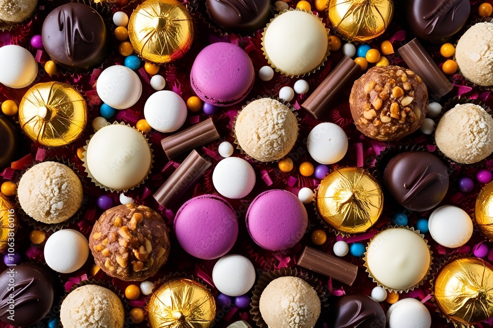 Assortment of chocolate colourful, festive sweets candy macaroons and nuts. Gourmet speciality chocolate bonbons or pralines arranged in a neat rectangle on rustic wood table viewed top down Assortment of chocolate colourful, festive sweets candy macaroons and nuts. Gourmet speciality chocolate bonbons or pralines arranged in a neat rectangle on rustic wood table viewed top down