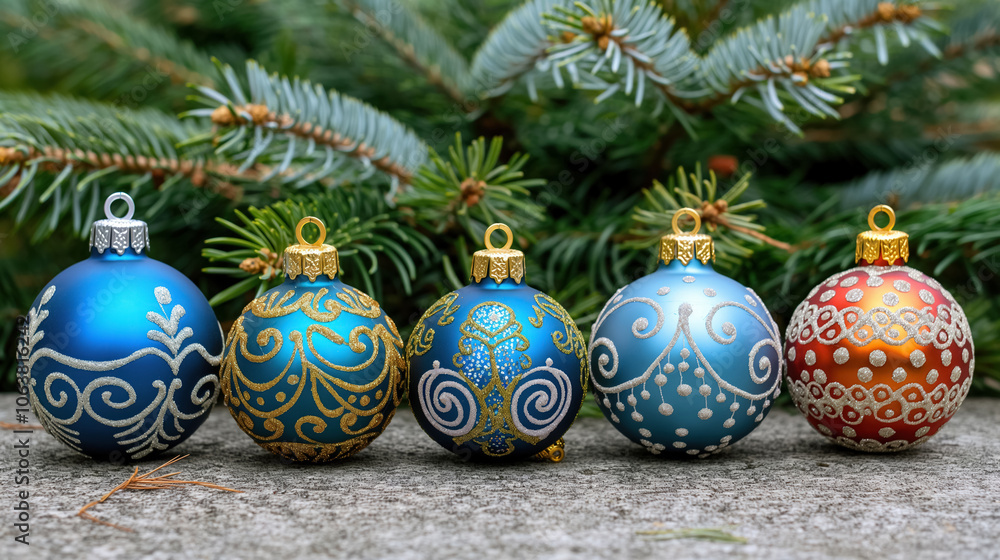 Festive ornaments on pine branches displaying elegant holiday designs Festive ornaments on pine branches displaying elegant holiday designs