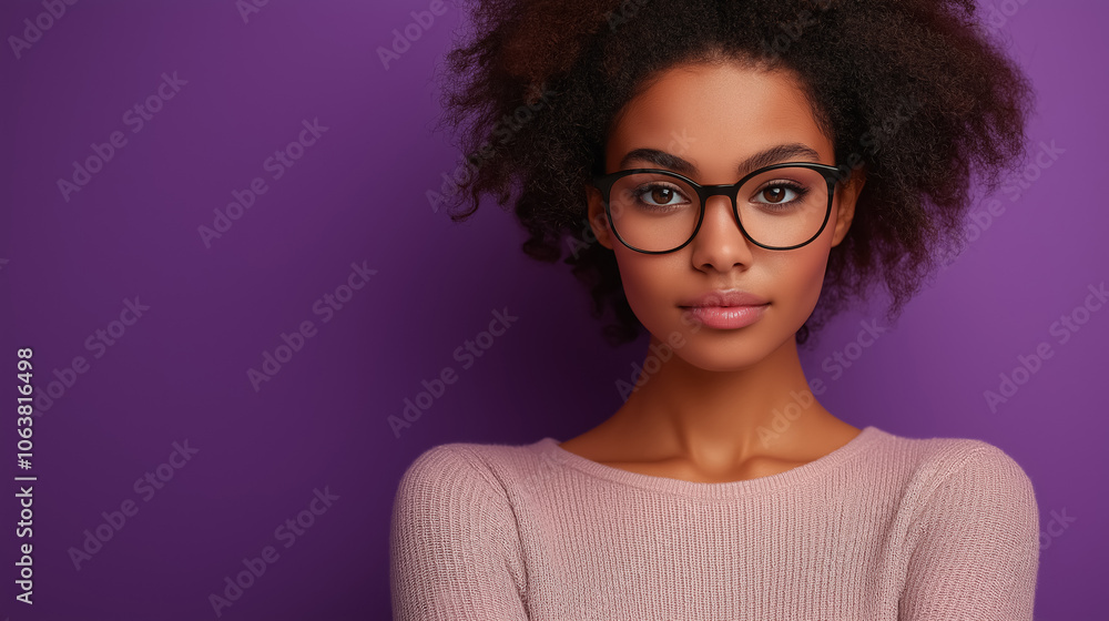 Stylish woman in glasses against a purple background Stylish woman in glasses against a purple background
