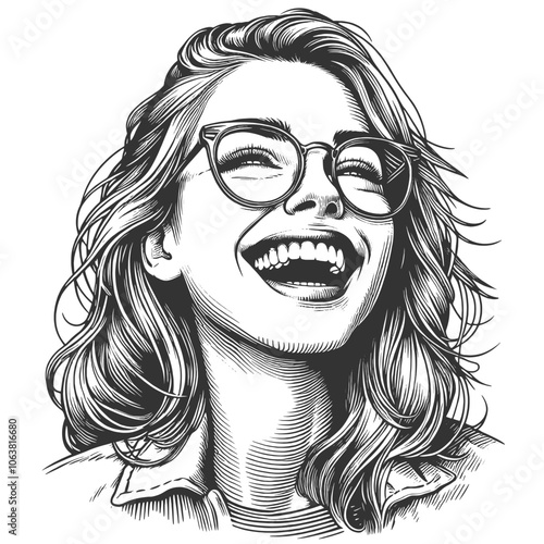 joyful woman with and glasses, smiling brightly with an expressive, carefree vibe sketch engraving generative ai fictional character vector illustration. Scratch board imitation. Black and white image