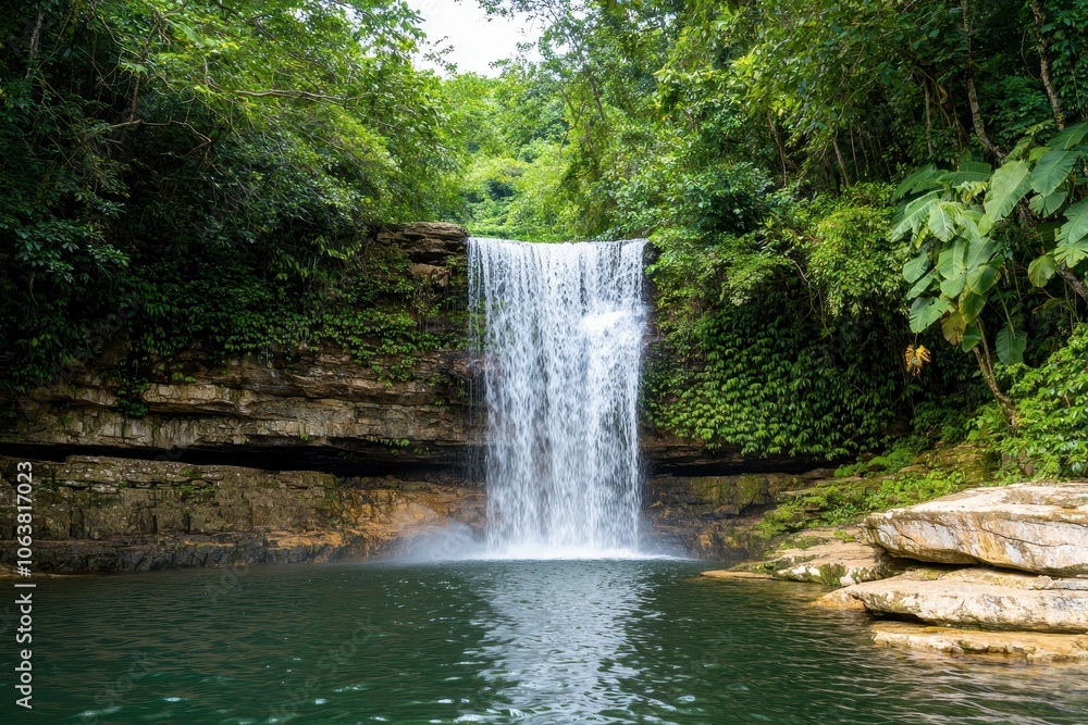 Obraz premium Scenic waterfall surrounded by lush green forest in a tranquil setting.