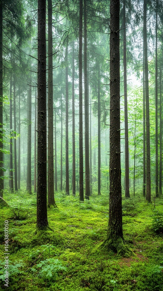 Serene forest with tall trees and lush green foliage covering the ground. Serene forest with tall trees and lush green foliage covering the ground.