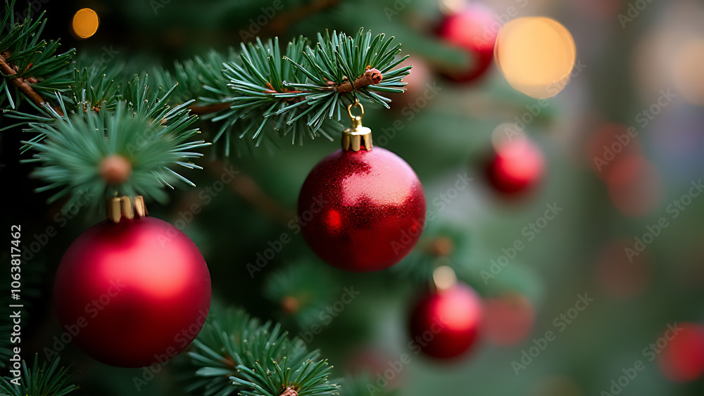 Christmas tree branch features red decorative balls adding a festive touch to the holiday atmosphere outside Christmas tree branch features red decorative balls adding a festive touch to the holiday atmosphere outside