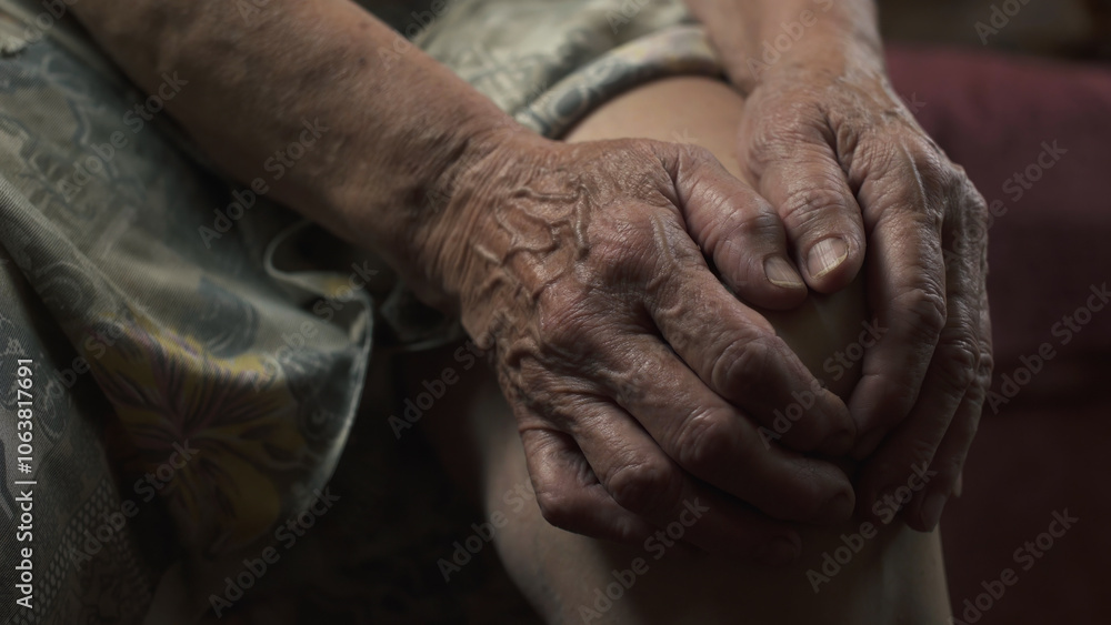 Fototapeta premium Elderly woman massaging her knee while sitting on sofa. Hand close-up. 