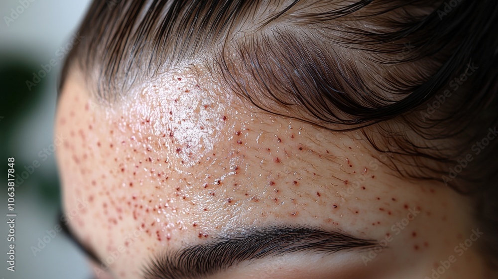 A close view reveals a forehead with numerous small bumps and redness, indicating a skin treatment or reaction. The setting is bright and airy, allowing natural light to enhance the details. A close view reveals a forehead with numerous small bumps and redness, indicating a skin treatment or reaction. The setting is bright and airy, allowing natural light to enhance the details.