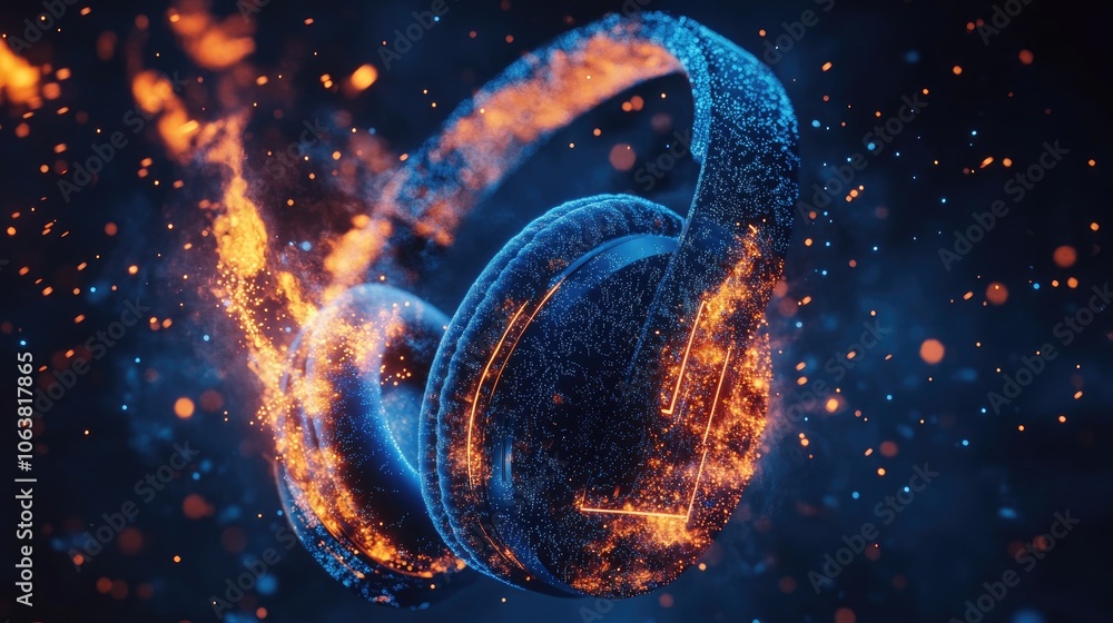 Dynamic shot of headphones with electric circuitry glowing in fiery blue and orange, depicting energy music soundwaves flowing in the air on a dark backdrop. Ideal for audio branding. Dynamic shot of headphones with electric circuitry glowing in fiery blue and orange, depicting energy music soundwaves flowing in the air on a dark backdrop. Ideal for audio branding.