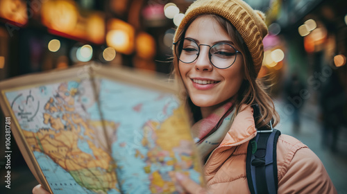 Young traveler exploring city with map in cozy winter attire photo