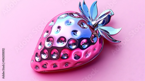 Shiny Iridescent Strawberry on Pink Background
